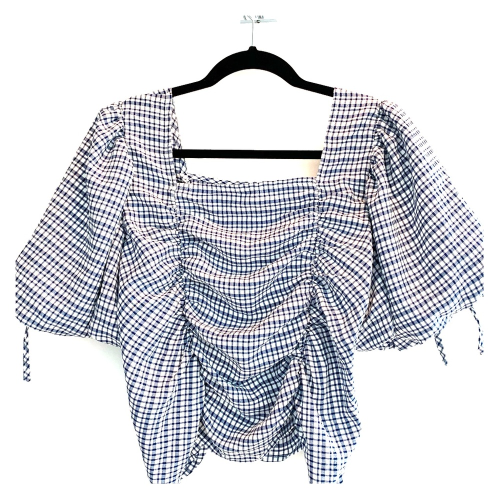 Korean style silky grid shirt with puffy sleeves